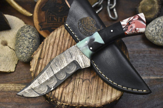 Custom Twist Damascus Skinner Knife with Corain Handle and Micarta Bolster – Fishing & Hunting Tool