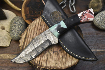 Custom Twist Damascus Skinner Knife with Corain Handle and Micarta Bolster – Fishing & Hunting Tool