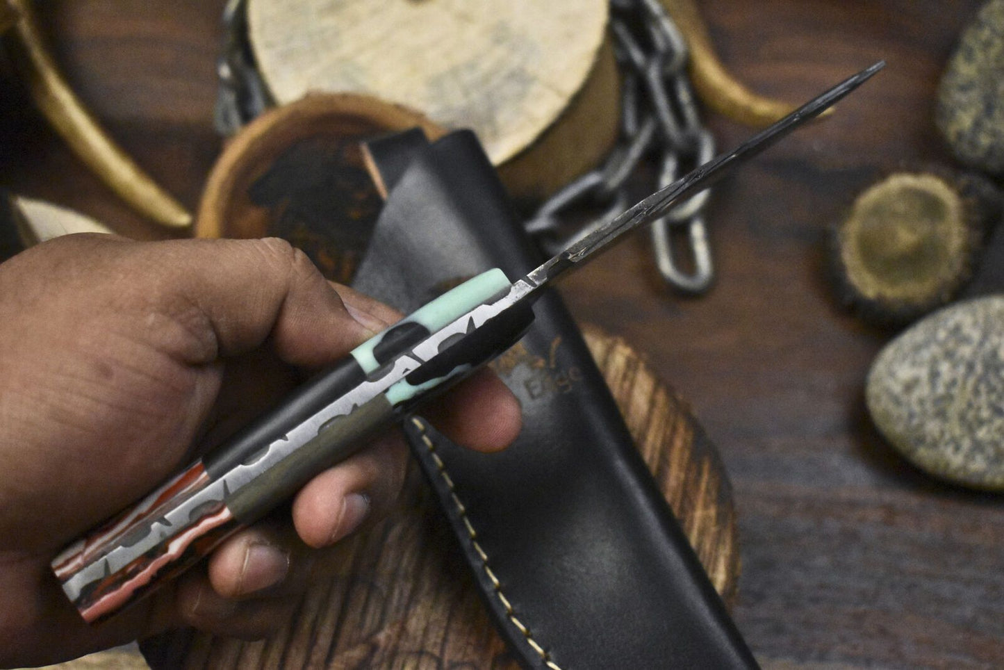 Custom Twist Damascus Skinner Knife with Corain Handle and Micarta Bolster – Fishing & Hunting Tool