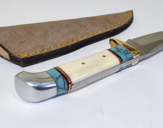 8.25" Hunting Bowie Knife 440 Stainless Steel White Bone & Turquoise Handle with Leather Sheath