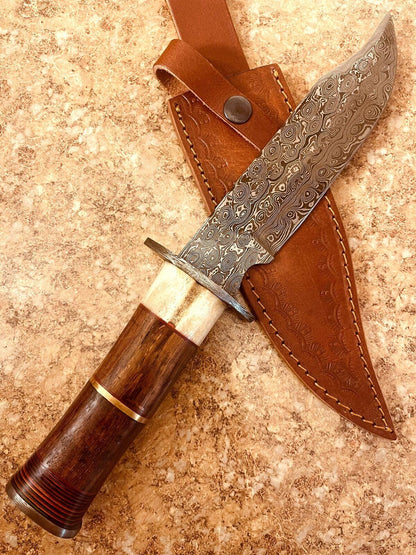 Handmade Damascus Bowie Knife | 12" Walnut Wood Handle