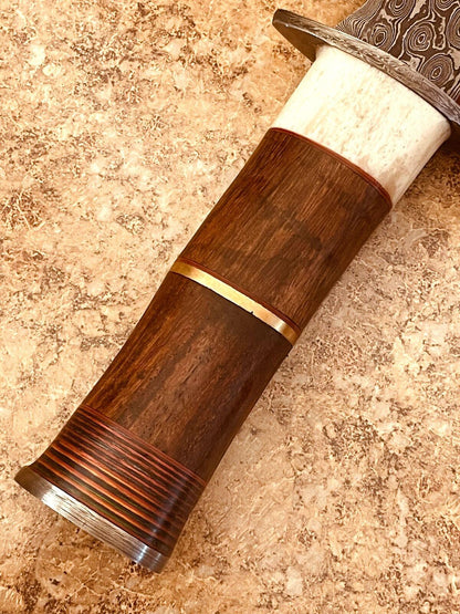 Handmade Damascus Bowie Knife | 12" Walnut Wood Handle