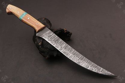14" Damascus Fillet Knife Fire Damascus Steel Fillet Knife W/Sheath