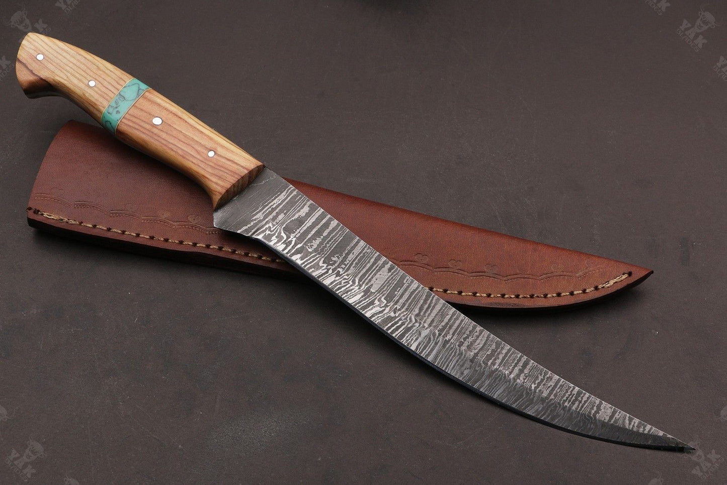 14" Damascus Fillet Knife Fire Damascus Steel Fillet Knife W/Sheath