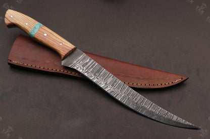 14" Damascus Fillet Knife Fire Damascus Steel Fillet Knife W/Sheath