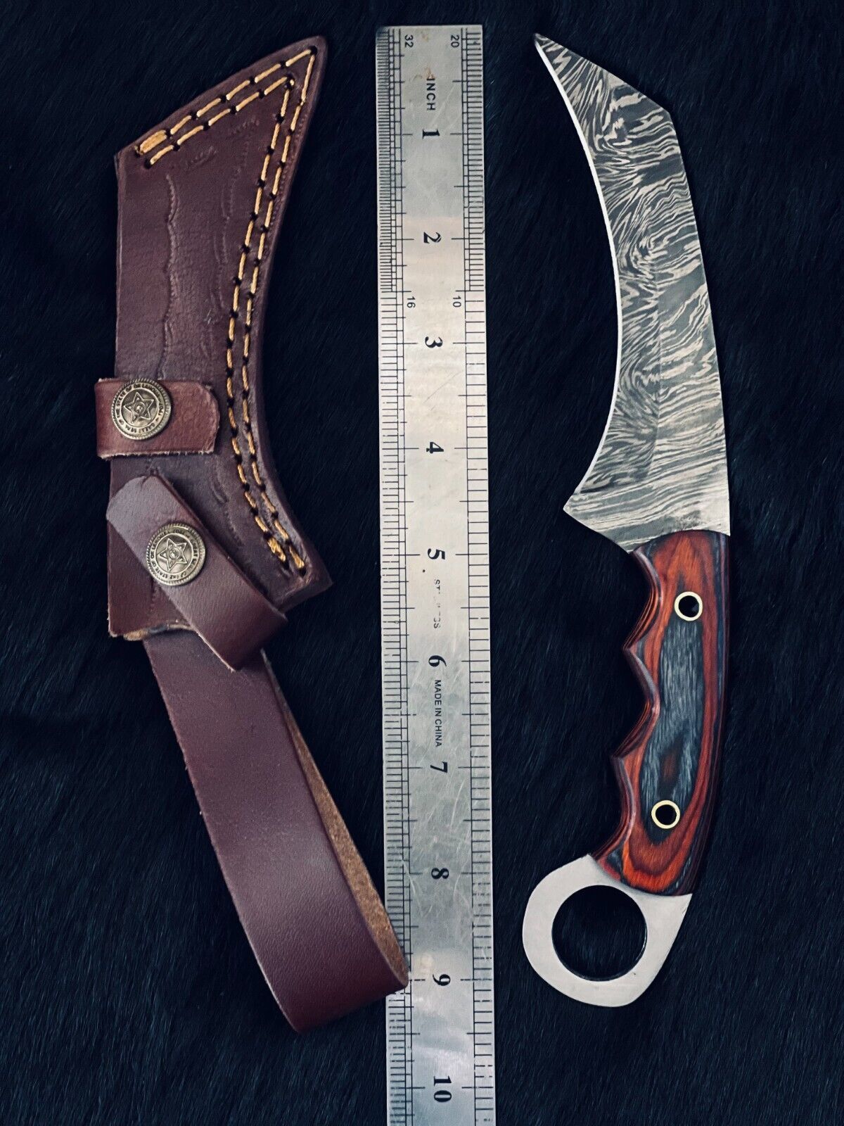 9.25" Twist Damascus Steel Bowie Knife – Handmade Camel Bone & Wood Handle