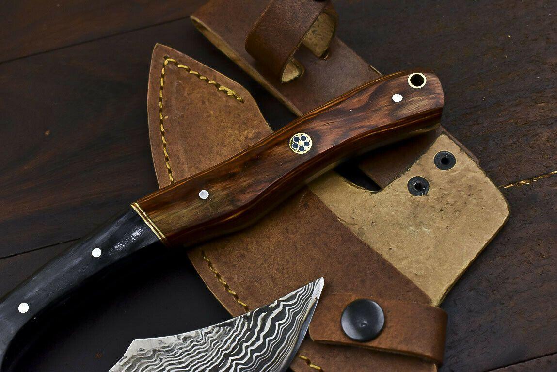 Handmade Damascus Steel Hard Wood Clever Chopper Axe Knife with Leather Sheath