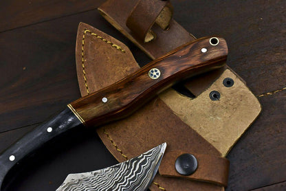 Handmade Damascus Steel Hard Wood Clever Chopper Axe Knife with Leather Sheath