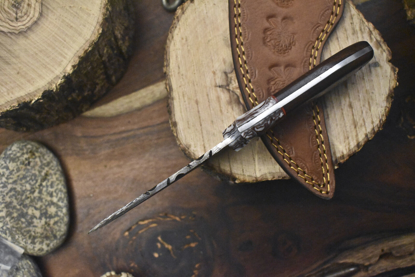 Forged Twist Damascus Skinner Hunting Knife 8 Inch with Walnut Wood Handle and Micarta Bolster W/ Leather Sheath