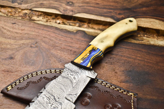 Rare Handmade Damascus Tracker Knife – Full Tang Camping & Hunting Fixed Blade with Leather Sheath