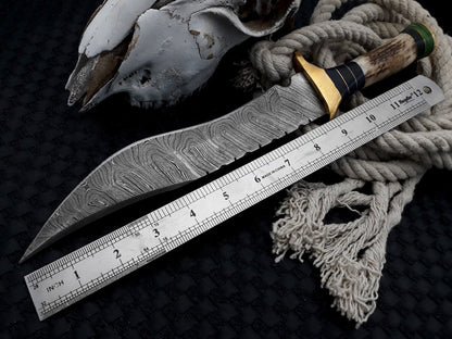 Handmade Damascus Bowie Knife Deer Antler Handle Bowie Hunting Camp Knife
