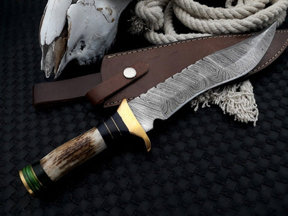 Handmade Damascus Bowie Knife Deer Antler Handle Bowie Hunting Camp Knife