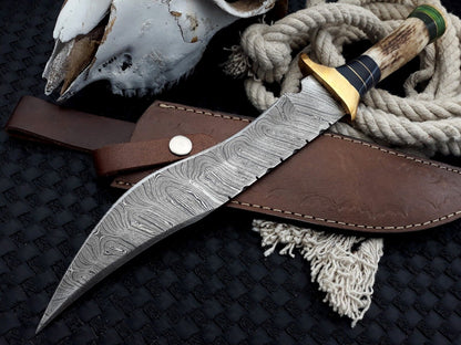 Handmade Damascus Bowie Knife Deer Antler Handle Bowie Hunting Camp Knife