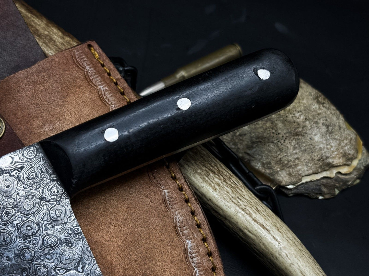 Handmade Damascus Steel Chef Cleaver EDC Knife with Wood Handle and Cow Leather Sheath