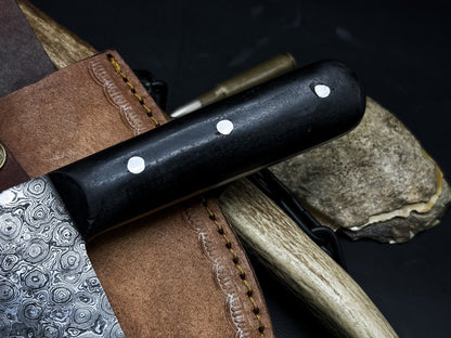 Handmade Damascus Steel Chef Cleaver EDC Knife with Wood Handle and Cow Leather Sheath