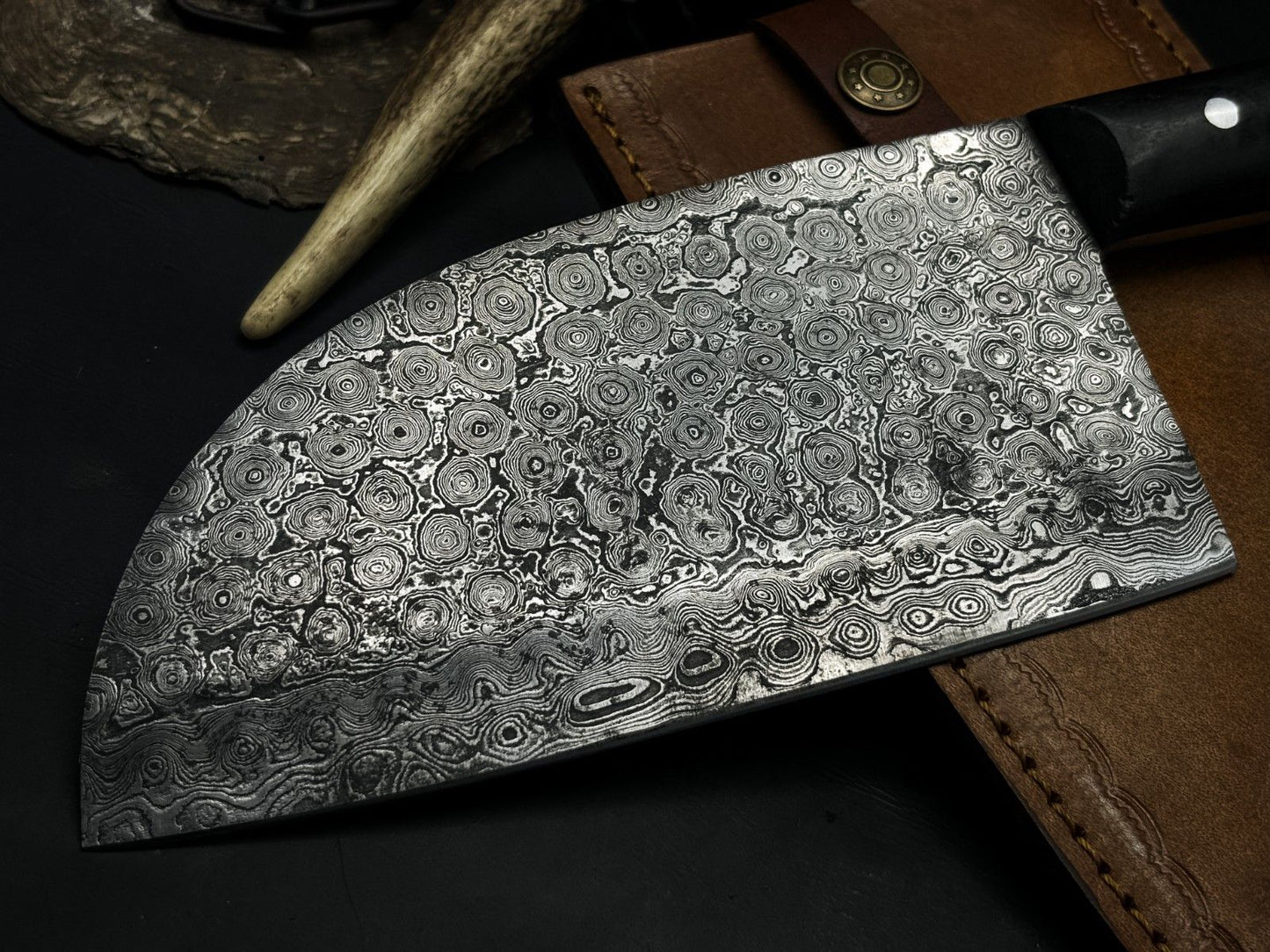 Handmade Damascus Steel Chef Cleaver EDC Knife with Wood Handle and Cow Leather Sheath