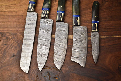 Custom Lot of 5 Handmade Hammered Damascus Steel Blade Chef Set Knives – Premium Forged Kitchen Knife Collection