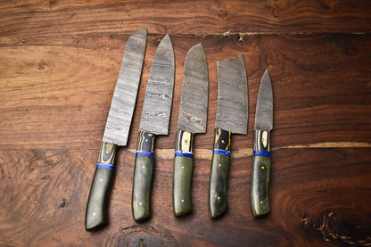 Custom Lot of 5 Handmade Hammered Damascus Steel Blade Chef Set Knives – Premium Forged Kitchen Knife Collection
