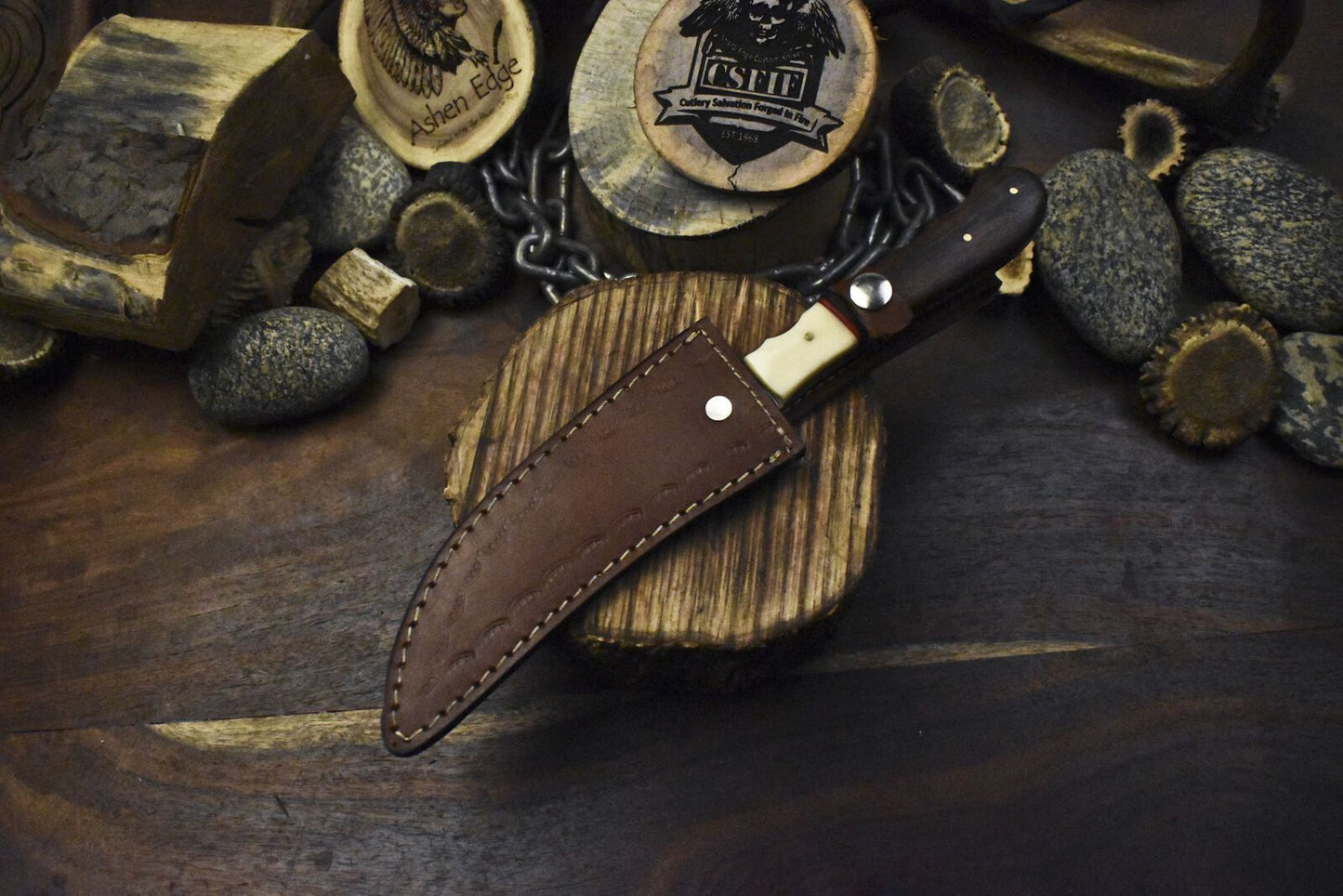Ladder Damascus Skinner Knife with Walnut Wood Handle | Handmade EDC Fixed Blade Hunting Knife