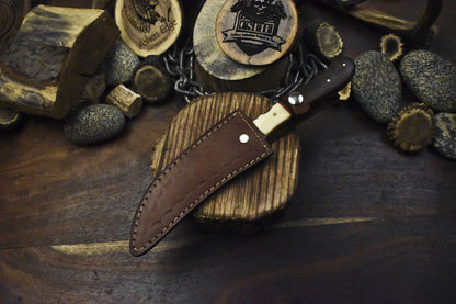 Ladder Damascus Skinner Knife with Walnut Wood Handle | Handmade EDC Fixed Blade Hunting Knife