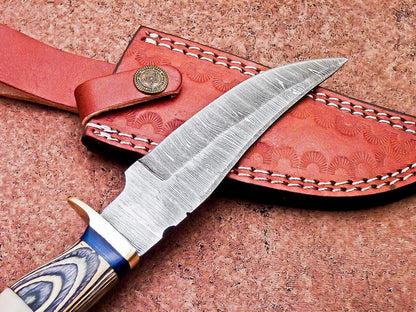 10 Inch Handcrafted Damascus Bowie Knife with Camel Bone and Hardwood Handle