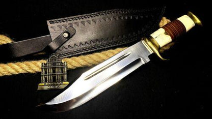 Fixed Blade Hunting Bowie Knife – Custom Handmade D2 Steel Full Tang with Camel Bone Handle