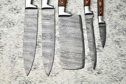 Lot Of 5 Handmade Damascus Steel Chef Knives Full Tang Cutlery Set