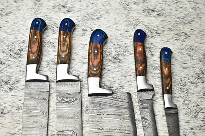 Lot Of 5 Handmade Damascus Steel Chef Knives Full Tang Cutlery Set
