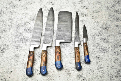 Lot Of 5 Handmade Damascus Steel Chef Knives Full Tang Cutlery Set