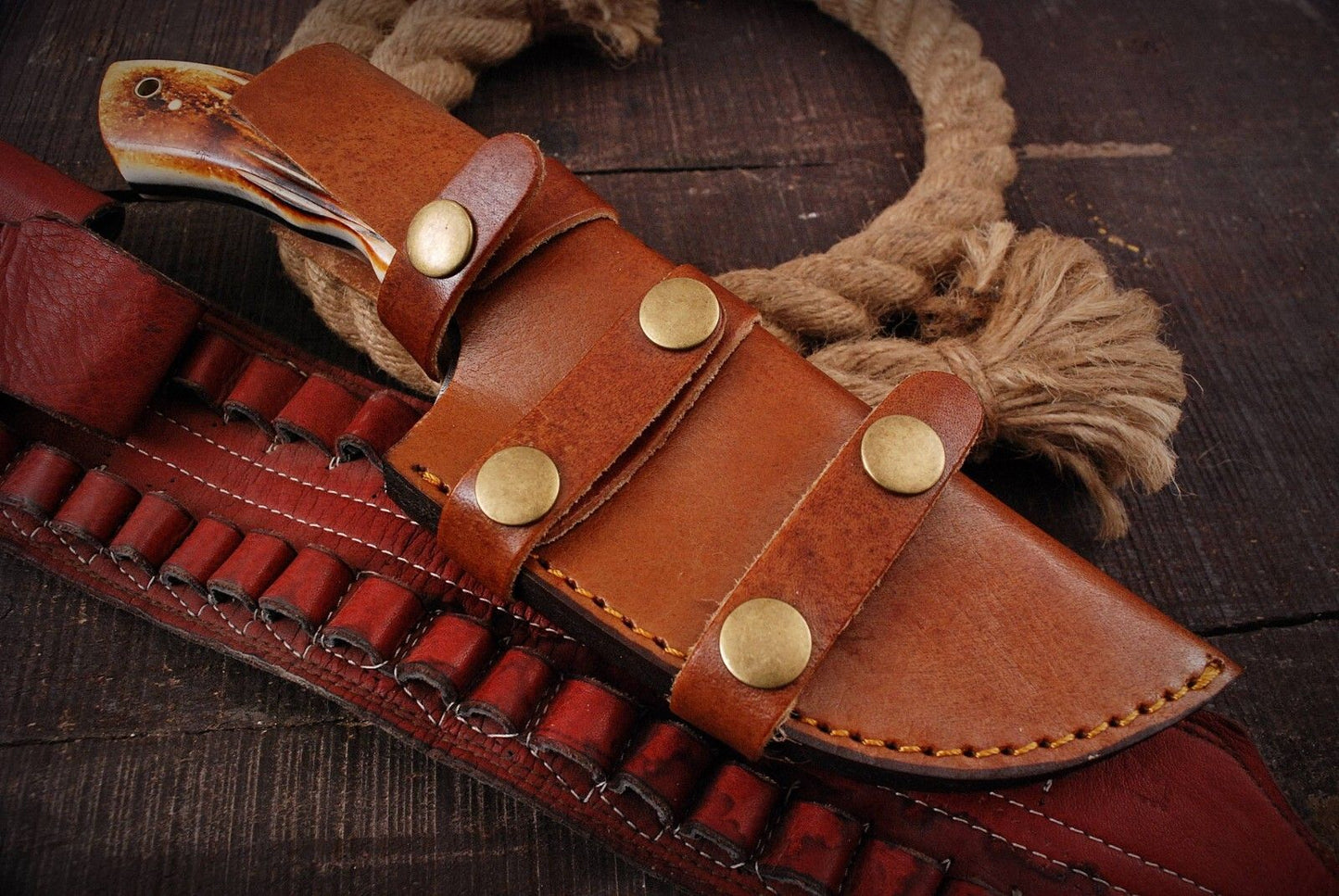 Custom Handmade Damascus Tracker Knife – Engraved Camel Bone Handle, Full Tang Fixed Blade with Leather Sheath