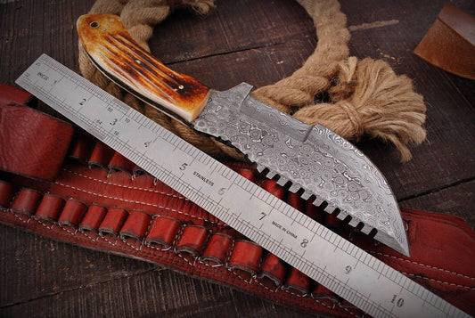 Custom Handmade Damascus Steel Tracker Knife – 10" Fixed Blade with Camel Bone Handle & Leather Sheath
