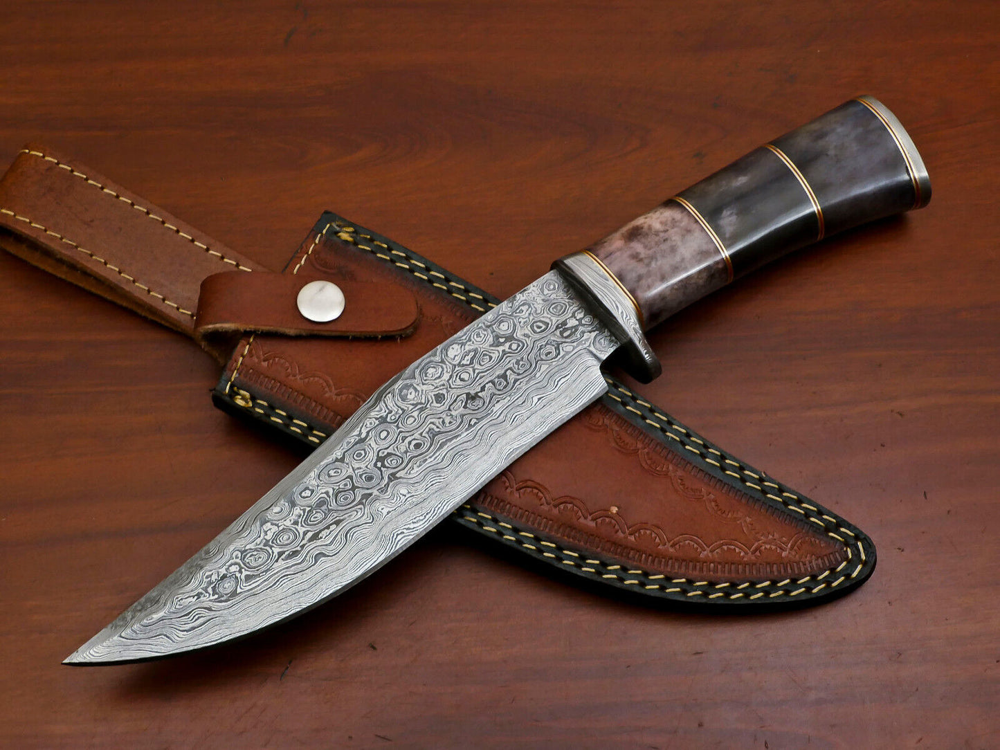 Heritage Forge 12" Custom Damascus Bowie Knife with Stained Camel Bone Handle