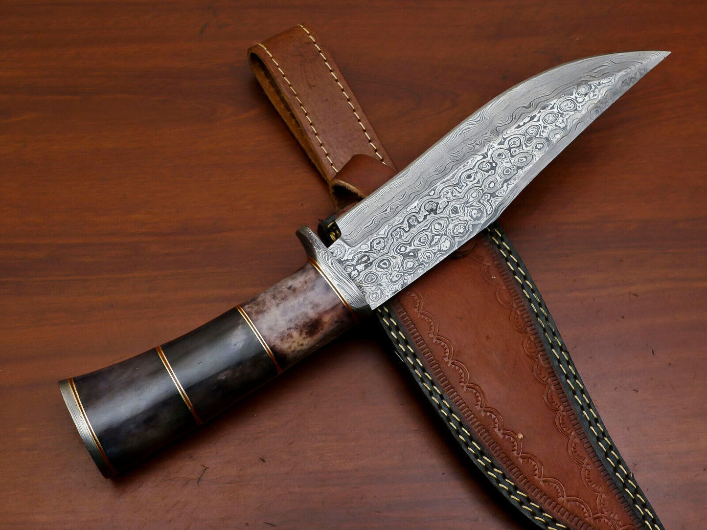 Heritage Forge 12" Custom Damascus Bowie Knife with Stained Camel Bone Handle