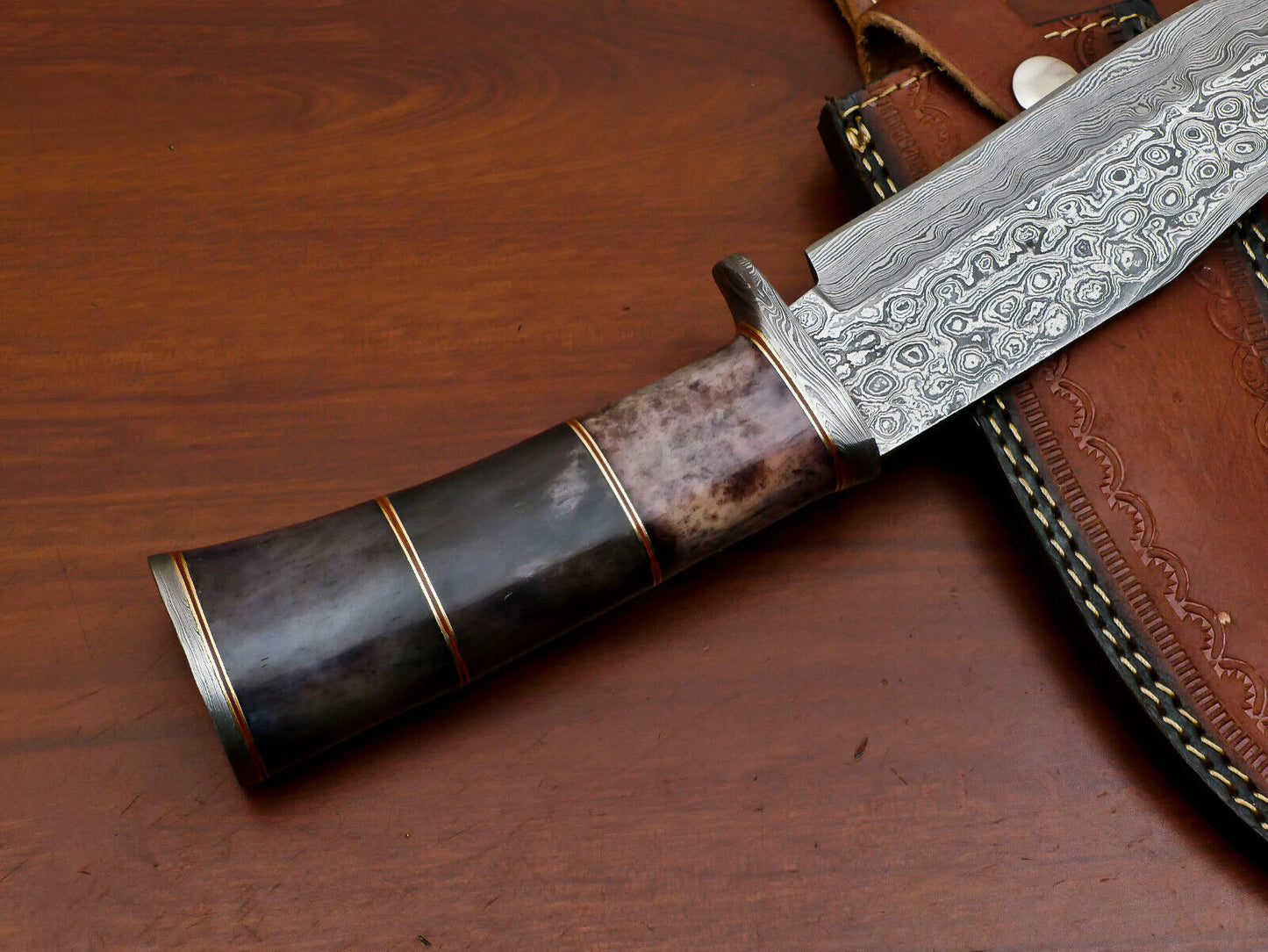Heritage Forge 12" Custom Damascus Bowie Knife with Stained Camel Bone Handle