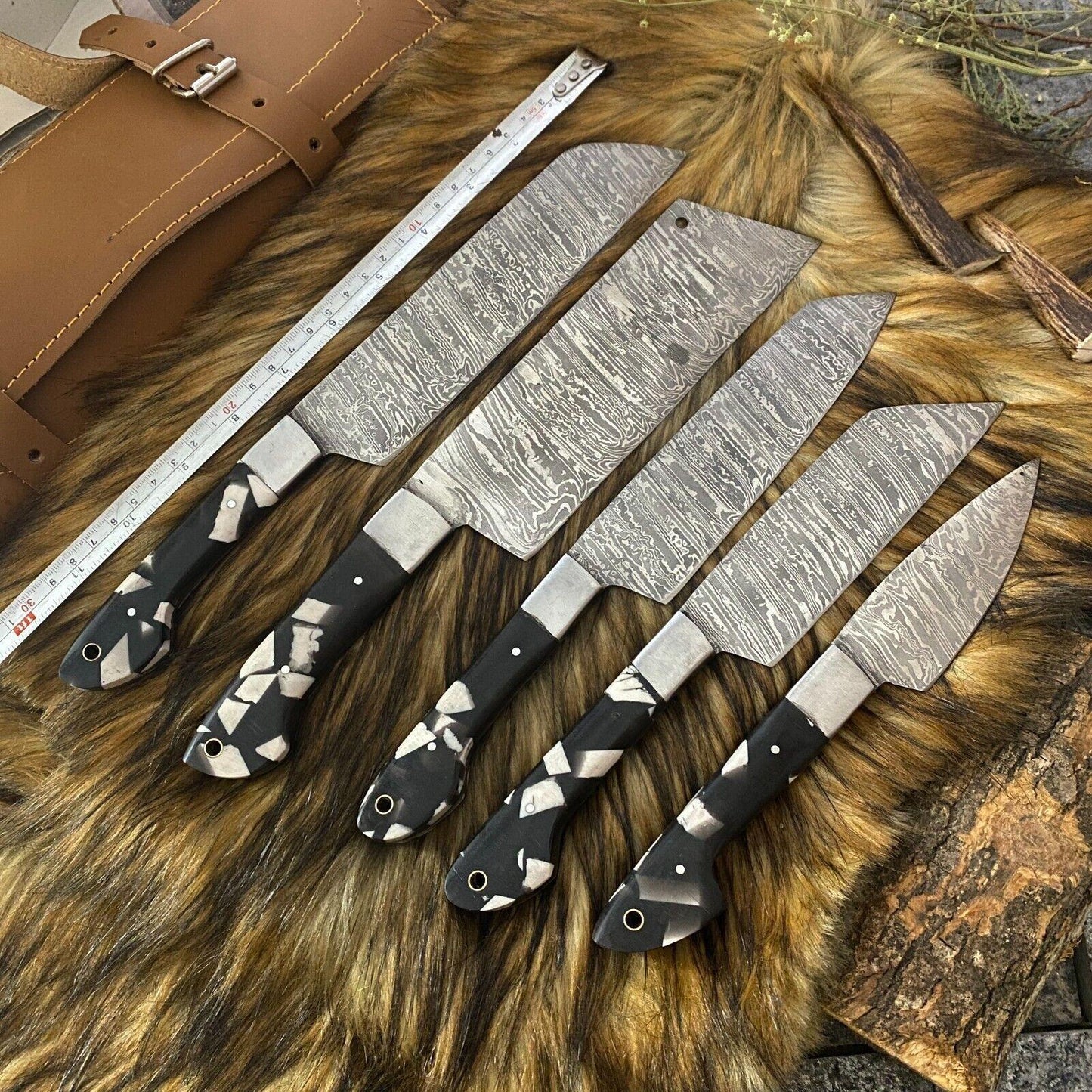 5-Piece Hand Forged Damascus Steel Hunting & Kitchen Clever Knives Set
