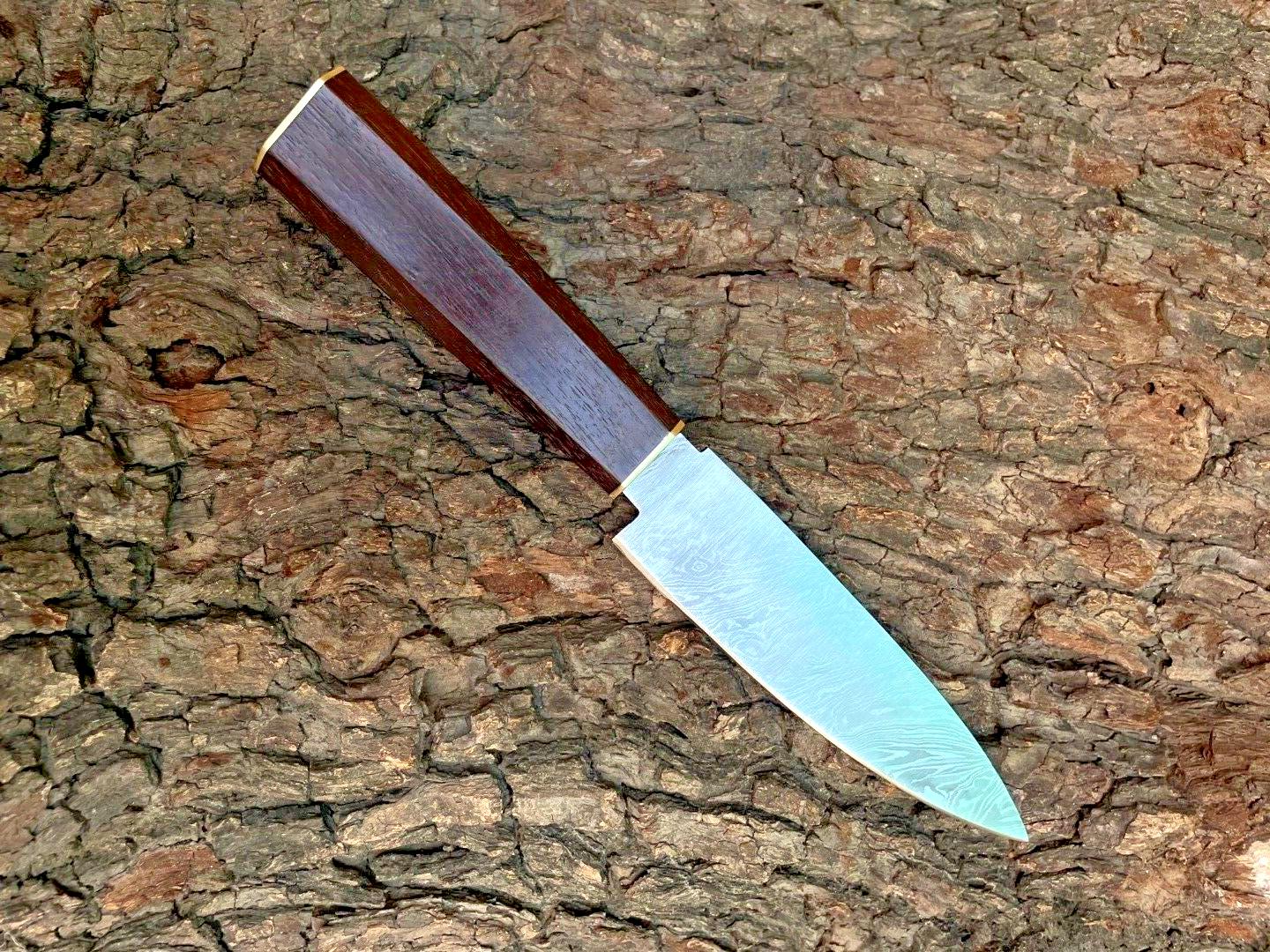 Handmade Custom Japanese Style Damascus Paring Knife – 9" Kitchen Cutting & Cooking Knife with Wood Handle and Leather Sheath