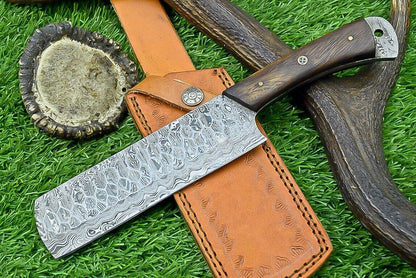 Handmade Damascus Chef & Hunting Knife – 8.5" Blade with Bone & Wood Handle + Leather Sheath
