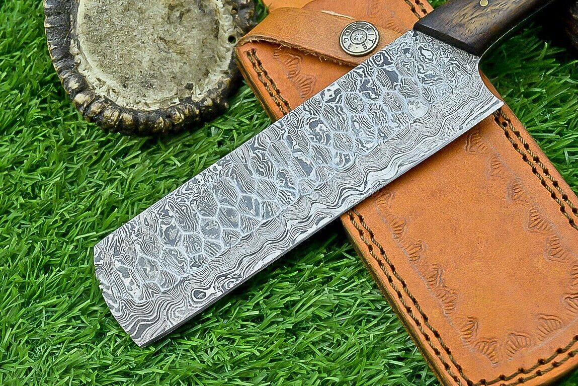 Handmade Damascus Chef & Hunting Knife – 8.5" Blade with Bone & Wood Handle + Leather Sheath
