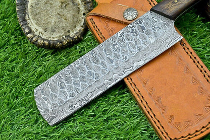 Handmade Damascus Chef & Hunting Knife – 8.5" Blade with Bone & Wood Handle + Leather Sheath