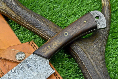 Handmade Damascus Chef & Hunting Knife – 8.5" Blade with Bone & Wood Handle + Leather Sheath