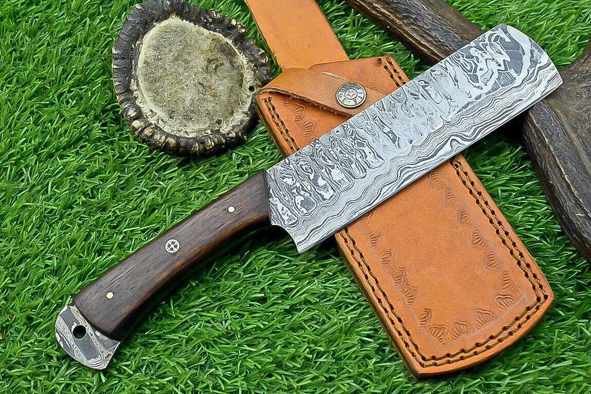 Handmade Damascus Chef & Hunting Knife – 8.5" Blade with Bone & Wood Handle + Leather Sheath