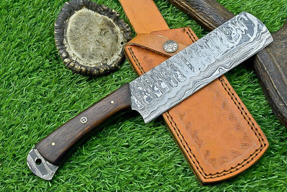 Handmade Damascus Chef & Hunting Knife – 8.5" Blade with Bone & Wood Handle + Leather Sheath