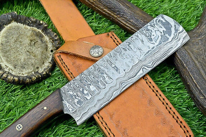 Handmade Damascus Chef & Hunting Knife – 8.5" Blade with Bone & Wood Handle + Leather Sheath