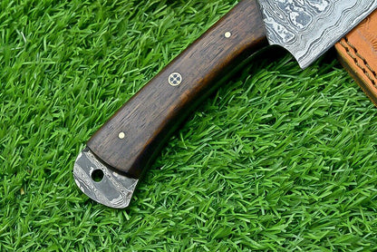 Handmade Damascus Chef & Hunting Knife – 8.5" Blade with Bone & Wood Handle + Leather Sheath