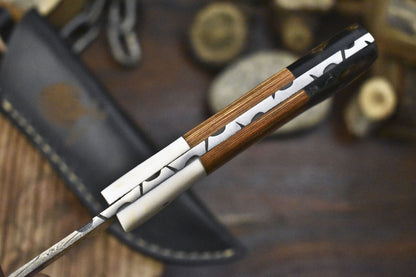 Hand Forged Twist Damascus Skinner Knife Olive Wood Camping Blade