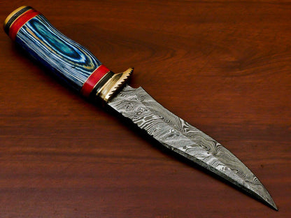 11" Handmade Damascus Bowie Hunting Knife | Pakka Wood Handle & Brass Guard