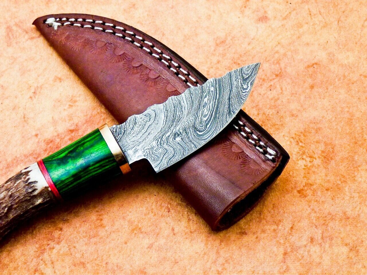 Heritage Forge 8" Damascus Steel Hunting Knife with Stag Antler and Hardwood Handle