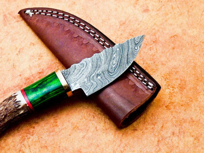 Heritage Forge 8" Damascus Steel Hunting Knife with Stag Antler and Hardwood Handle