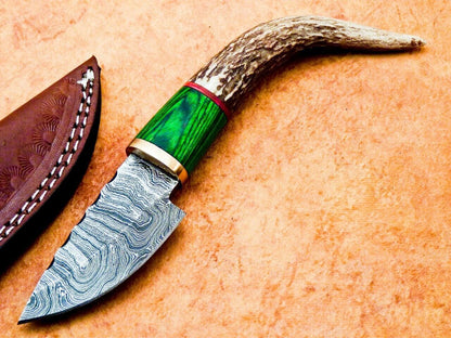 Heritage Forge 8" Damascus Steel Hunting Knife with Stag Antler and Hardwood Handle