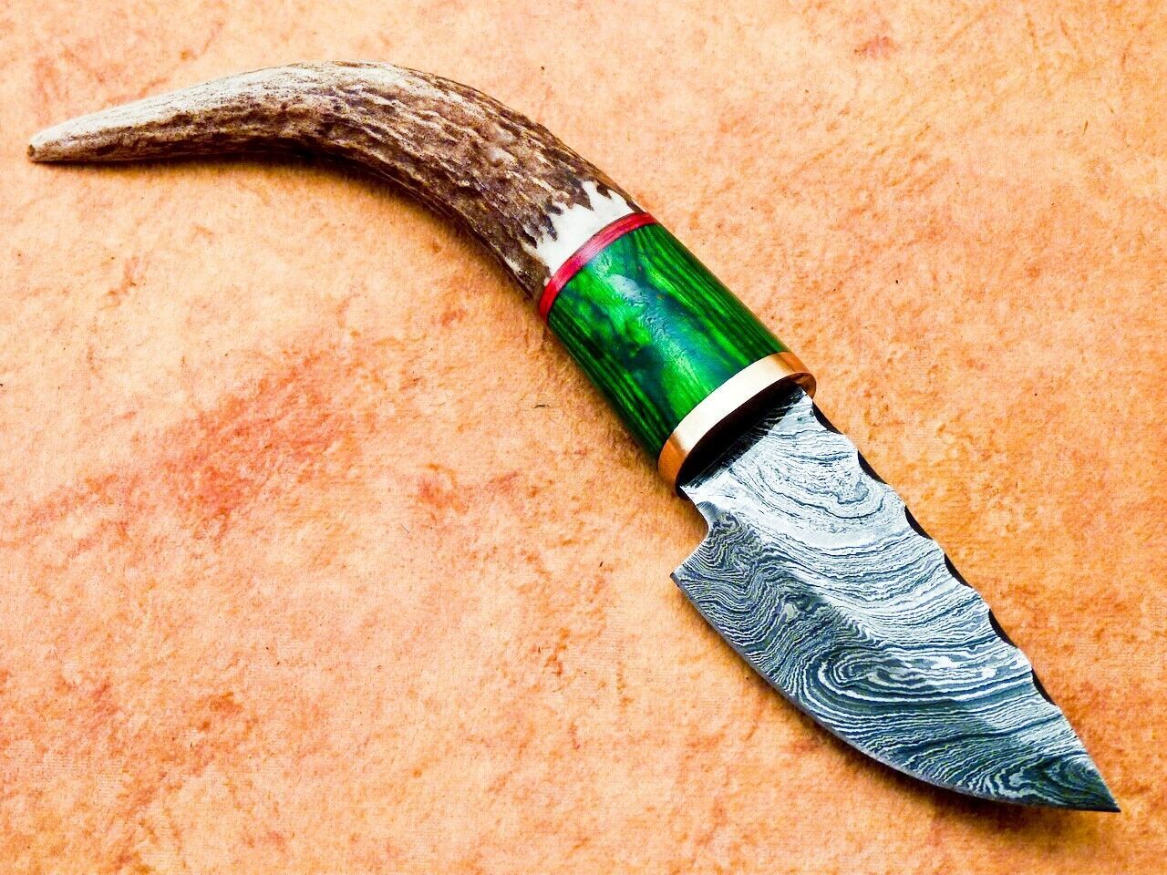 Heritage Forge 8" Damascus Steel Hunting Knife with Stag Antler and Hardwood Handle